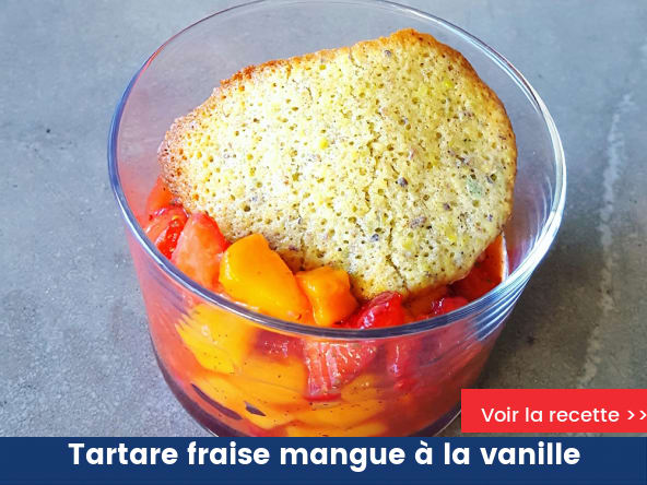 Tartare fraise-mangue à la vanille et au citron vert, tuile pistache